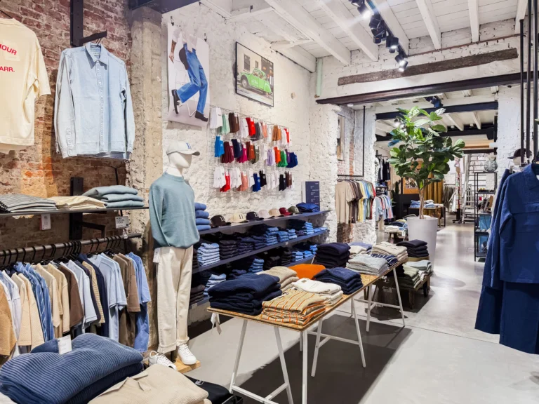 Menswear on display at Ferm Homme: a mannequin in a teal jumper and cream trousers, a wall of colourful socks and caps, folded jumpers on a trestle table and shirts on rails