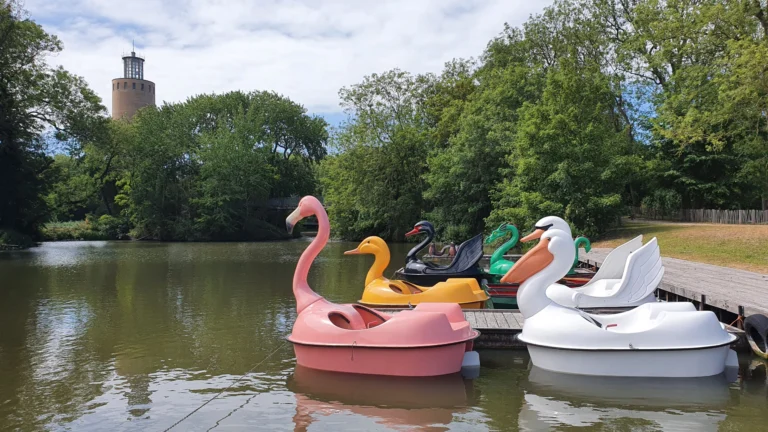 Flamingo, duck and swan pedal boats at a wooden jetty, with the old water tower rising above the trees