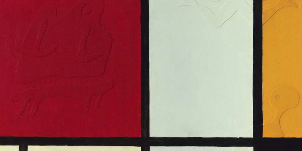Detail of a Marcel Mariën painting: red, pale green and yellow blocks divided by black lines, with relief figures