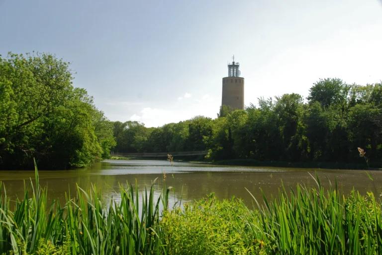 Lake in the Maria Hendrikapark framed by reeds and trees, with the brick water tower behind