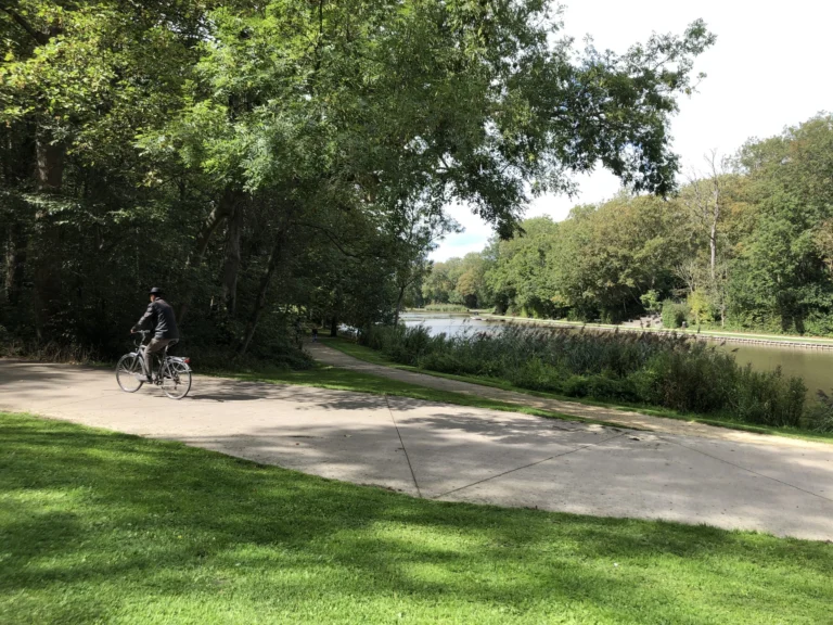 Wide lakeside path under leafy trees, with a cyclist passing and the water beyond