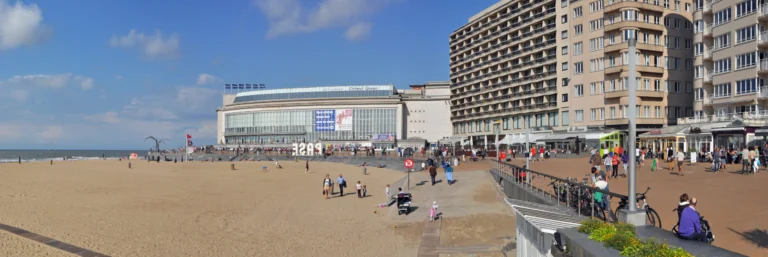 Panorama of the wide beach in front of the Kursaal casino and the seafront promenade