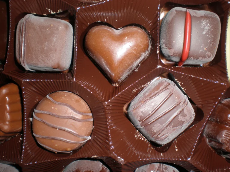 A box of assorted Belgian pralines in a moulded tray, including a heart-shaped chocolate, in dark and milk chocolate