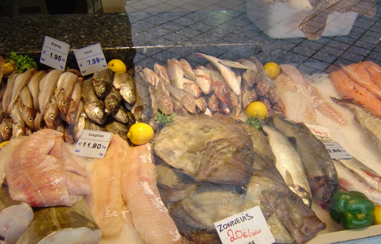 A fish stall in Ostend with fresh North Sea fish on ice - whiting, sole and fillets - among lemons and handwritten price tags