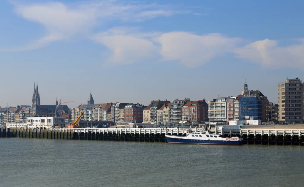The Visserskaai quay along Ostend's harbour, lined with fish restaurants and stalls