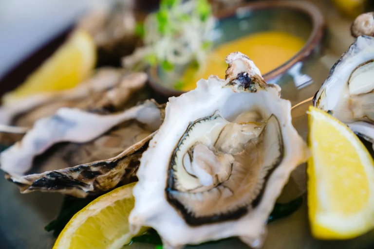 Opened oysters on a plate with lemon wedges