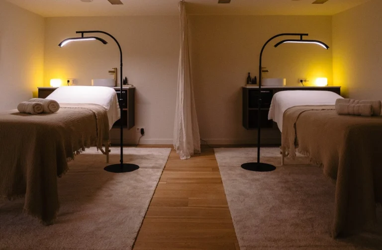 Two treatment beds side by side under warm lamps on a wooden floor