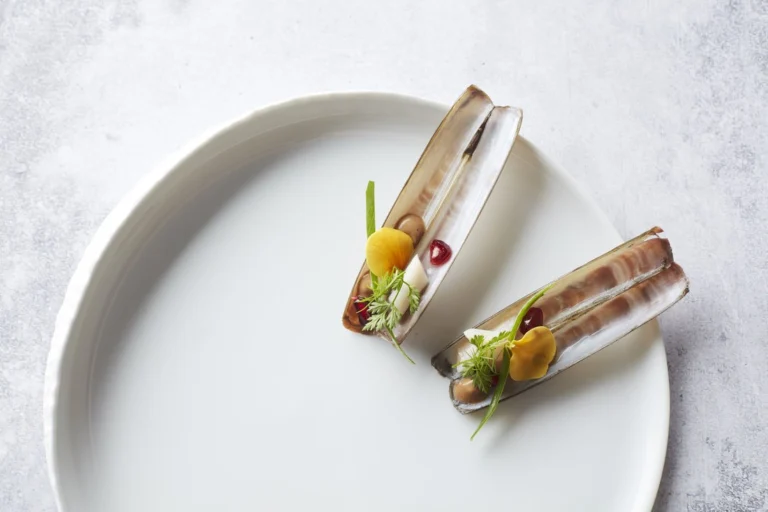 Two razor clams in their shells topped with vegetables on a wide white plate
