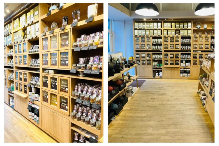 Two views of the shop interior with floor-to-ceiling wooden shelves of tea tins, teapots and packets